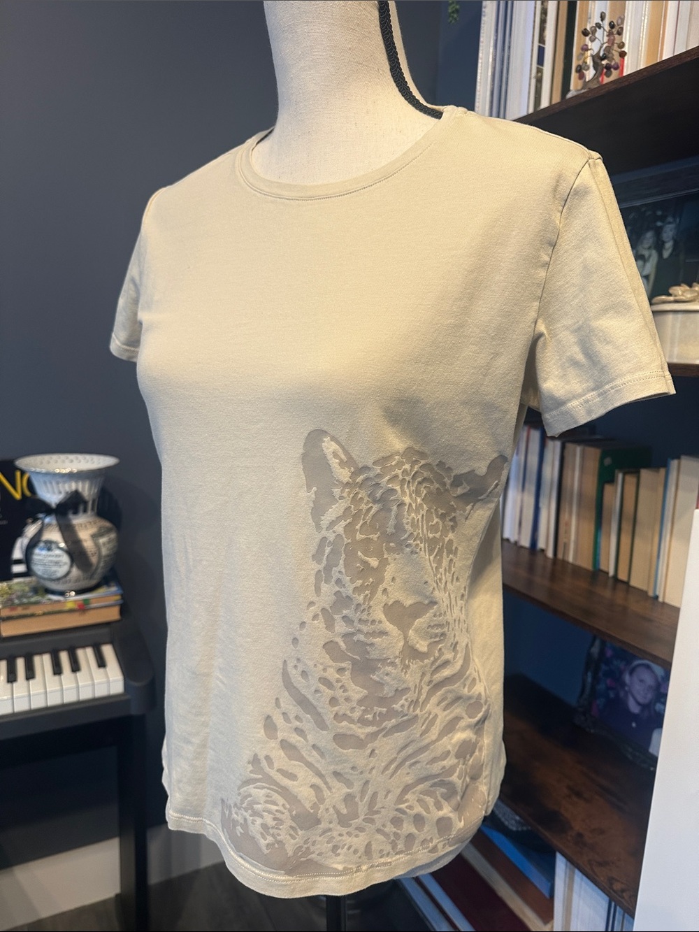Arturo Calle Collection Short Sleeve Crewneck Tee with Leopard Print - Cream